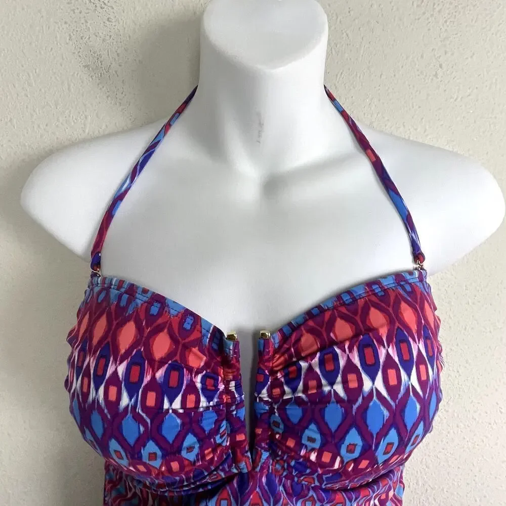 La Blanca‎ Swimsuit One Piece Ruched Tummy Control Size 10 Geometric Print